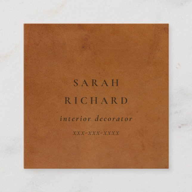 Elegant Modern Rustic Tan Leather Texture Custom Square Business Card (Front)