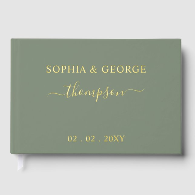 Elegant Modern Sage Gold Wedding Guest Book (Front)