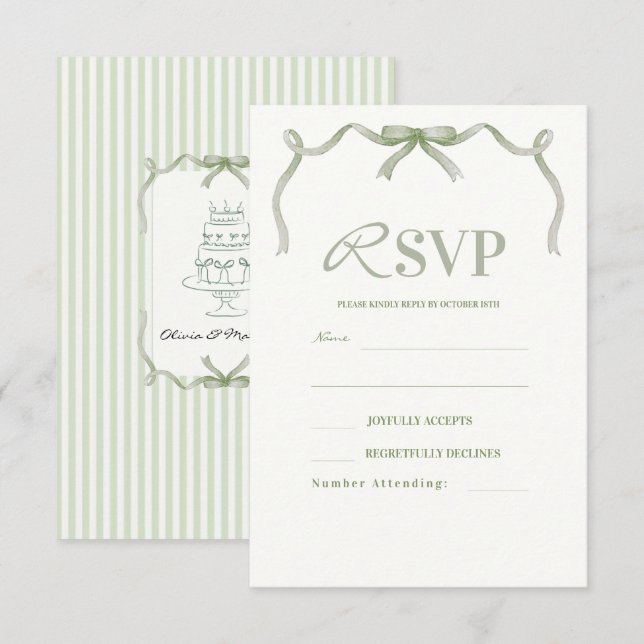 Elegant Modern Sage Green Bow Wedding RSVP Card (Front/Back)