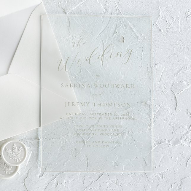 Elegant Modern Sage Green Calligraphy Wedding Acrylic Invitations (Creator Uploaded)