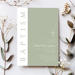 Elegant Modern Sage Green Cross Baptism Invitation