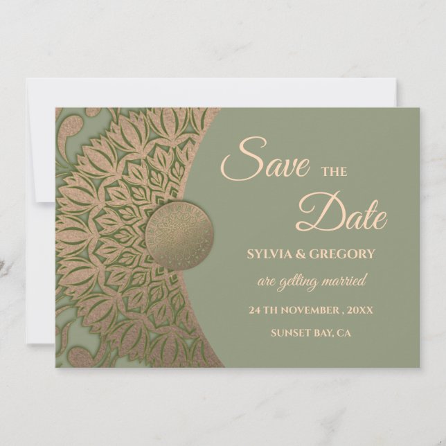 Elegant Modern Sage green & gold classic mandala Save The Date (Front)