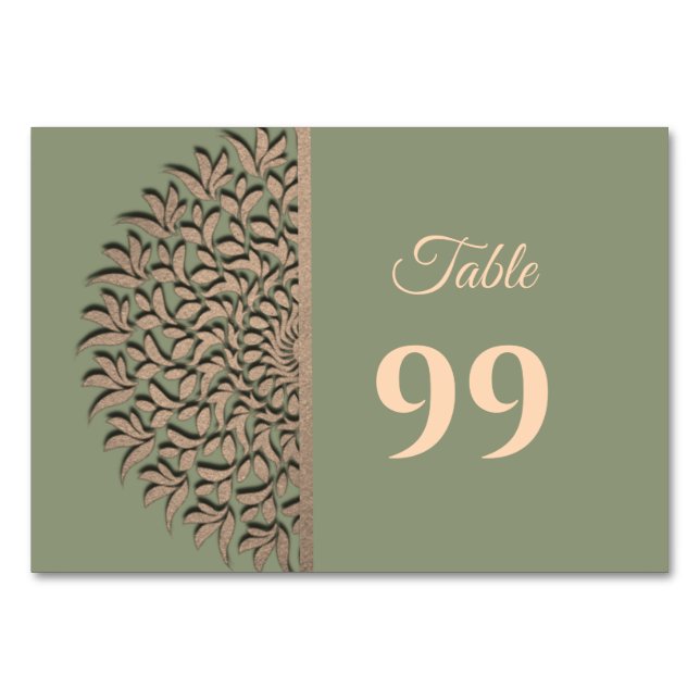 Elegant Modern Sage green & gold classic mandala T Table Number (Front)