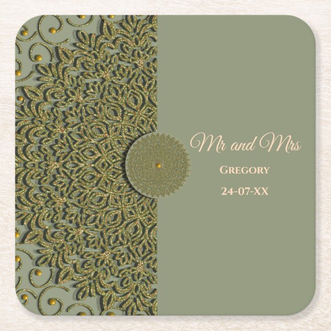 Elegant Modern Sage green & gold classic Square Paper Coaster (Front)