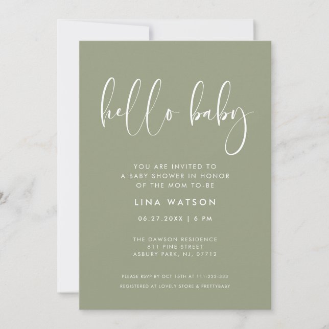 Elegant & Modern Sage Green Hello Baby Invitation (Front)