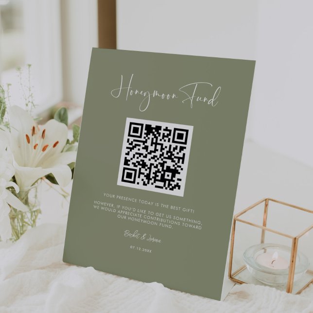 Elegant & modern sage green Honeymoon fund QR code Pedestal Sign (Creator Uploaded)