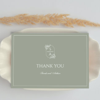 Elegant Modern Sage Green Monogram Thank You Card