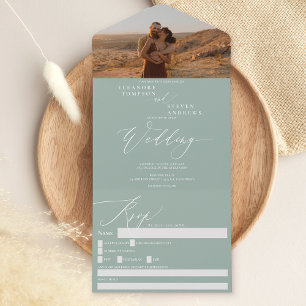 Elegant modern sage green photo wedding all in one invitation