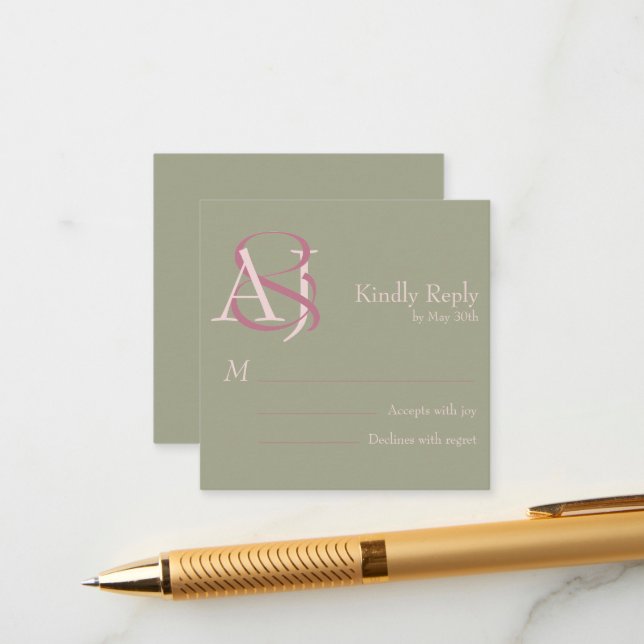 Elegant Modern Sage Green & Pink Wedding Response Enclosure Card (Front/Back In Situ)