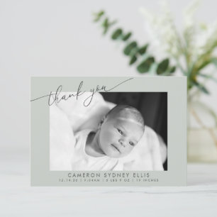 Elegant Modern Sage Green Script Baby Photo Birth Thank You Card