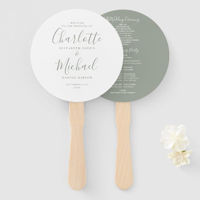 Elegant Modern Sage Green Script Wedding Program Hand Fan (Front and Back)