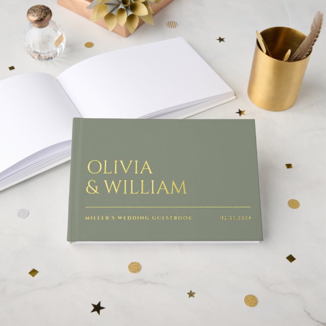 Elegant Modern Sage Green Typography Wedding Foil Guest Book (Front Open)