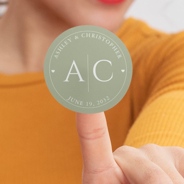 Elegant Modern Sage Green Wedding Classic Round Sticker (Creator Uploaded)