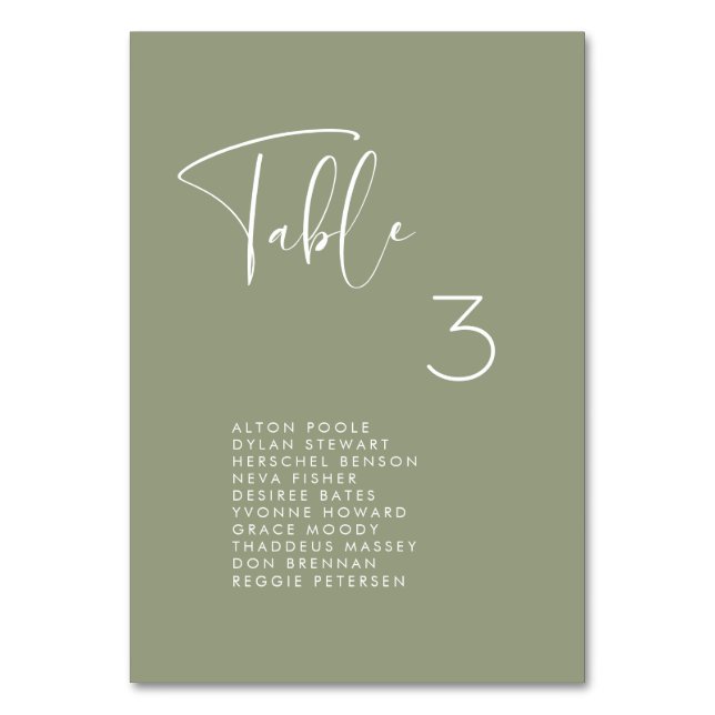 Elegant & modern Sage seating chart cards (Front)