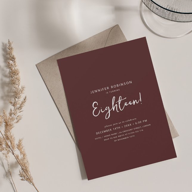 Elegant Modern Script 18th Birthday Burgundy  Invitation (Elegant Modern Script 18th Birthday Burgundy Invitation)
