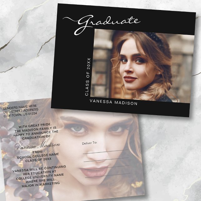 Elegant Modern Script | 2 Photo Graduation 2 Sided Postcard (Creator Uploaded)