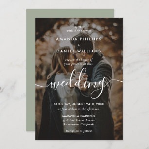 Elegant Modern Script 2 Photo Sage Green Wedding Invitation