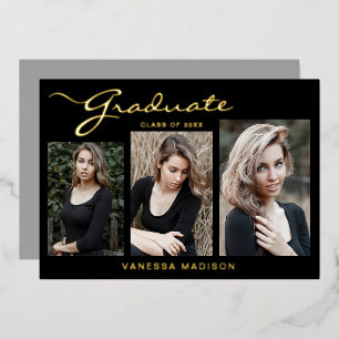 Elegant Modern Script   3 Photo Grad Announcement