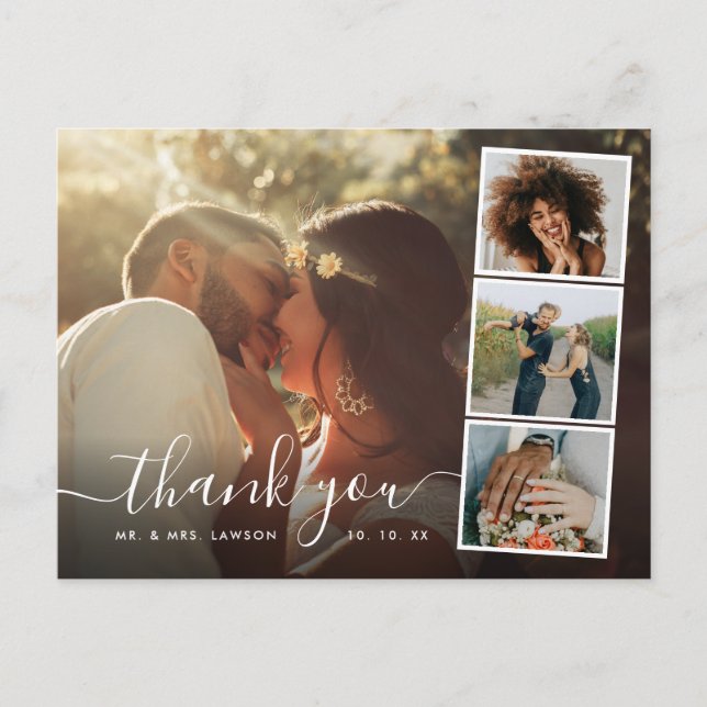Elegant Modern Script 4 Photo Wedding Thank You Postcard (Front)