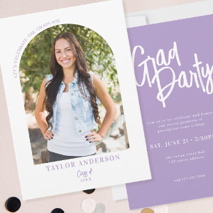 Elegant Modern Script Arch Photo Lilac Grad Party Invitation