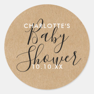 Elegant Modern Script Baby Shower Rustic Kraft Classic Round Sticker