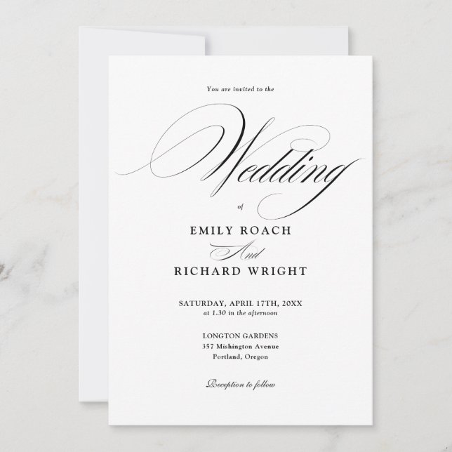 Elegant Modern Script Black And White Wedding Invitation (Front)