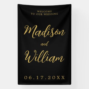 Elegant Modern Script Black Gold Welcome Wedding Banner