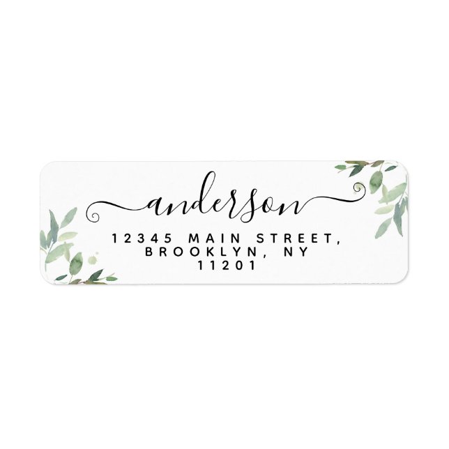 Elegant Modern Script Black Last Name Greenery (Front)