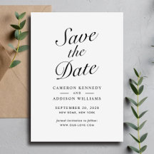 Elegant Modern Script Black + White Save The Date