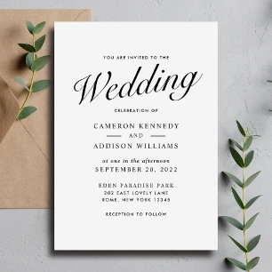 Elegant Modern Script Black + White Wedding Invite