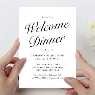 Elegant Modern Script Black + White Welcome Dinner Holiday Card