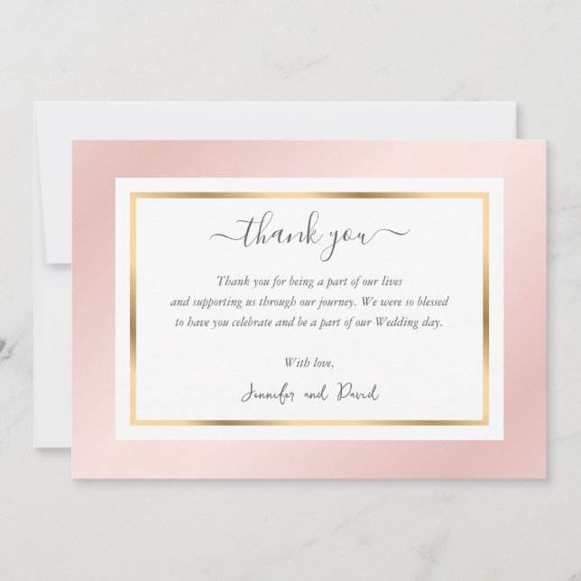 Elegant Modern Script Blush Pink and Gold Thank You Card (Front)
