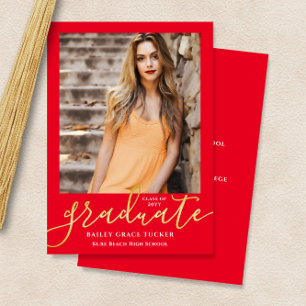 Elegant Modern Script Bright Red Photo Graduation Announcement