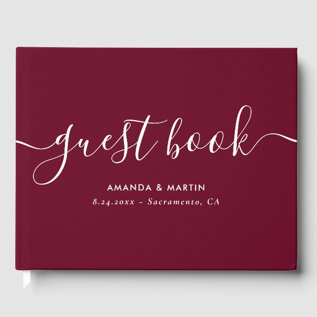 Elegant Modern Script Burgundy Wedding Guest Book (Front)