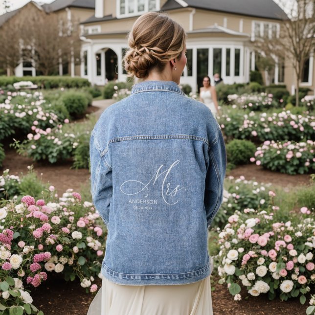 Elegant Modern Script Calligraphy Mrs Wedding Denim Jacket (Wedding Back)
