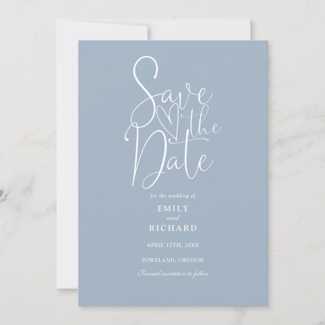 Elegant Modern Script Dusty Blue Wedding Save The Date (Front)