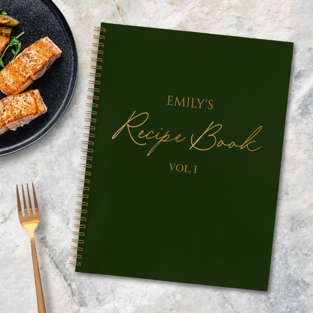 Elegant Modern Script Gold Green Simple Recipe Notebook (In situ)