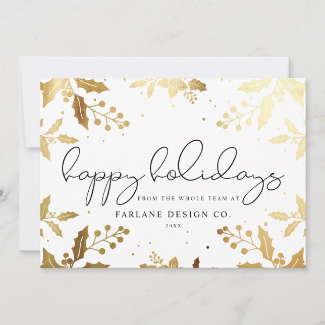 Elegant Modern Script Gold Mistletoe Photo Logo Holiday Card (Front)