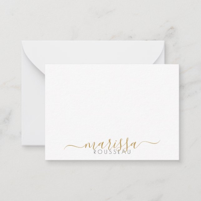 Elegant Modern Script Gold Monogram Name Note Card (Front)