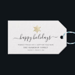 Elegant Modern Script Gold Snowflake Happy Holiday Gift Tags<br><div class="desc">Modern minimalist family holiday gift tag with elegant script calligraphy reading HAPPY HOLIDAYS under a printed golden snowflake. Below is space for your custom message as well as additional space on the back for more detailed greetings.</div>