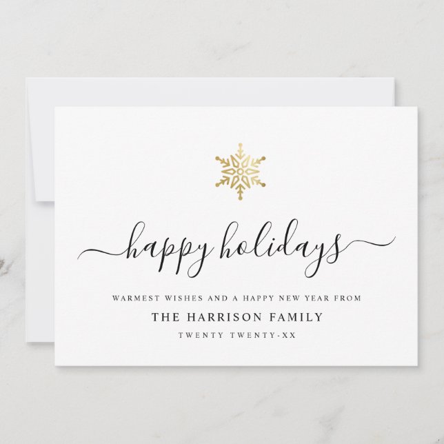 Elegant Modern Script Gold Snowflake Simple Holiday Card (Front)