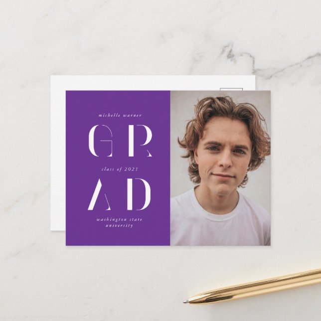 Elegant Modern Script Graduation Announcement  Postcard (Front/Back In Situ)