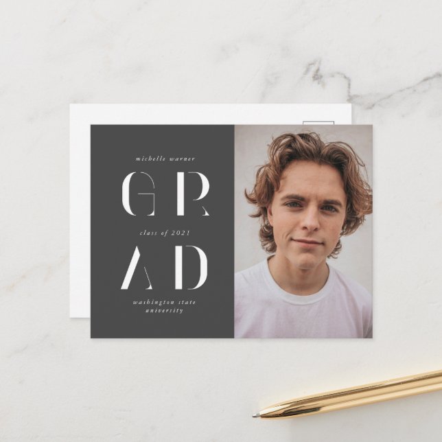 Elegant Modern Script Graduation Announcement  Postcard (Front/Back In Situ)