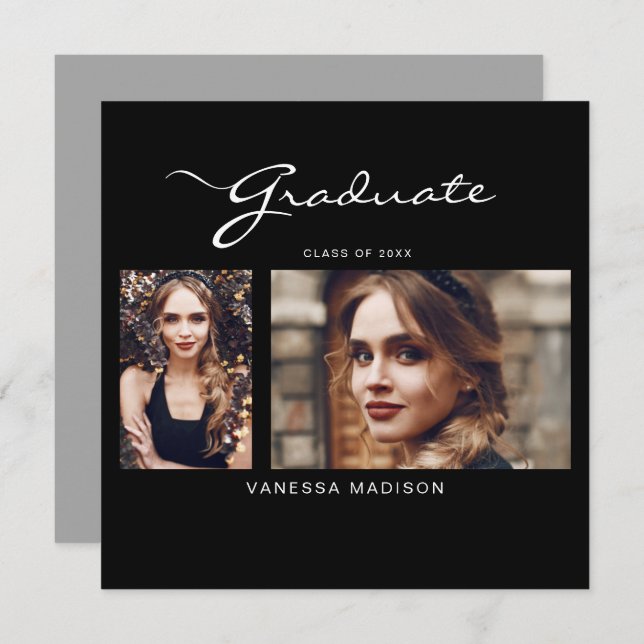 Elegant Modern Script Minimal | 2 Photo Graduation Announcement (Front/Back)