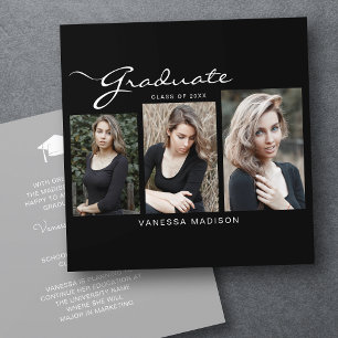 Elegant Modern Script Minimal 3 Photo Graduation Announcement