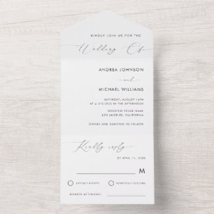 Elegant Modern Script Minimalist White Wedding All In One Invitation