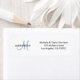 Elegant Modern Script Monogram Blue Return Address