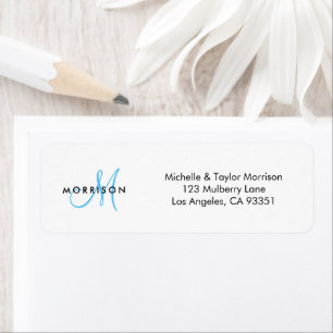 Elegant Modern Script Monogram Blue Return Address