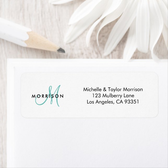 Elegant Modern Script Monogram Teal Return Address (Insitu)