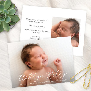 Elegant Modern Script Name Two Photo Birth Announcement